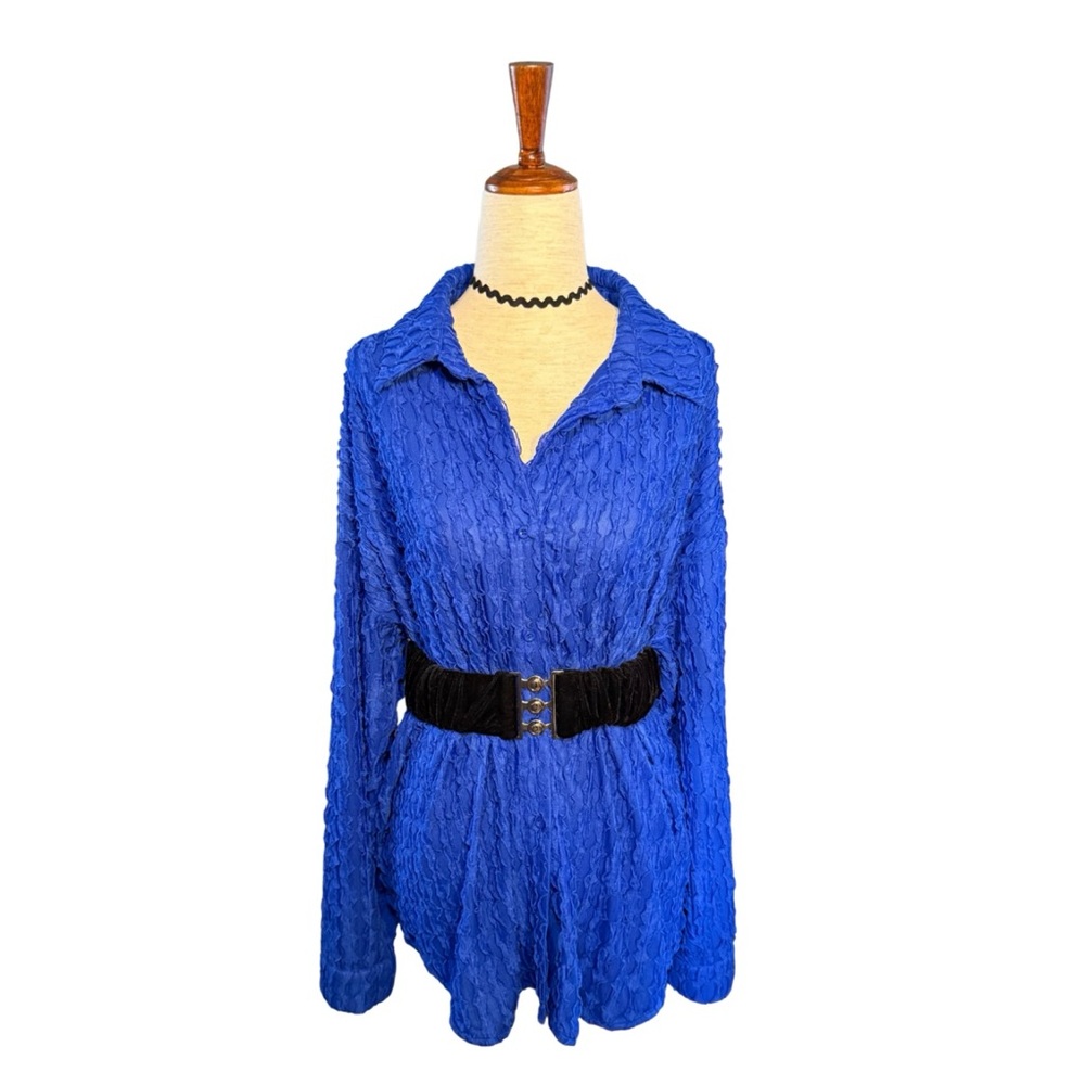 90s Cobalt Blue Crinkle Button Down Textured‎ Blouse